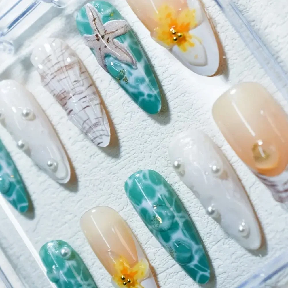 Elegant Ocean Press On Nail Art Set Blue & Cream 10 pc Long Length Reusable NWT